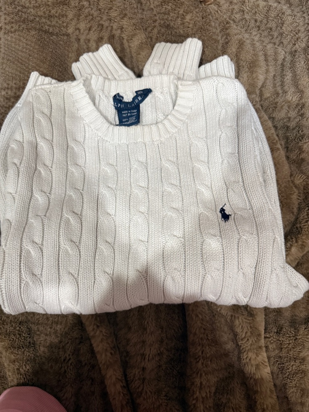 Ralph Lauren White Cable Knit Crewneck Sweater with Navy Pony